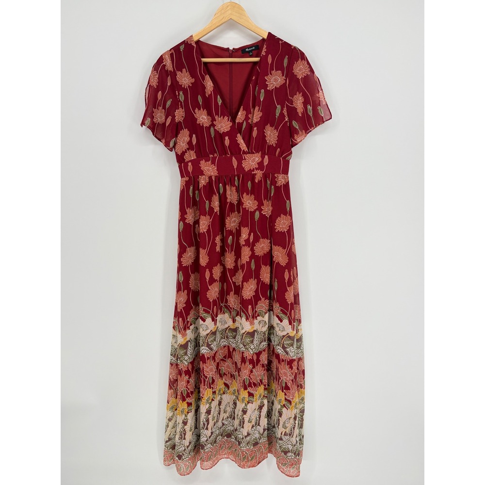 Madewell‎ Floral Poppy Maxi Dress Women 4 Red Flutter Sleeve Boho V-Neck Lined - Picture 3 of 12